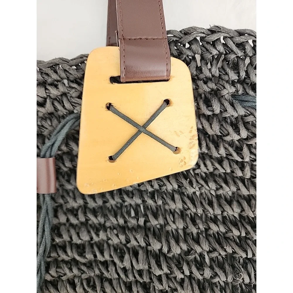 Straw, Leather & Wood Women's Tote Shoulder Handbag Black w/Brown Leather Straps